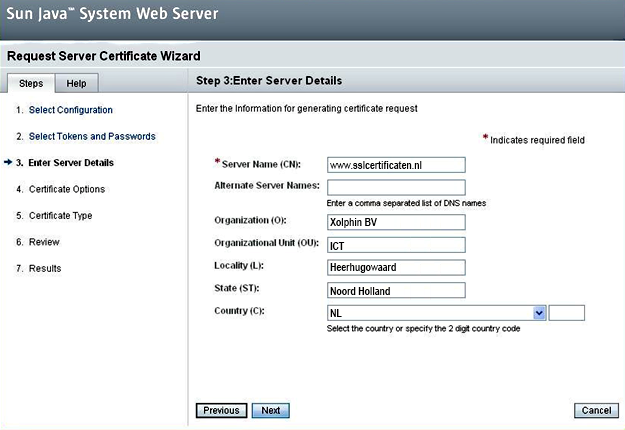 Sun Java System Web Server 7.x - Aanmaken CSR