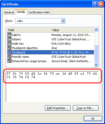 thumbprint root certificaat bekijken